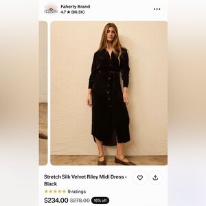 Faherty brand Black stretch Velvet Midi Dress